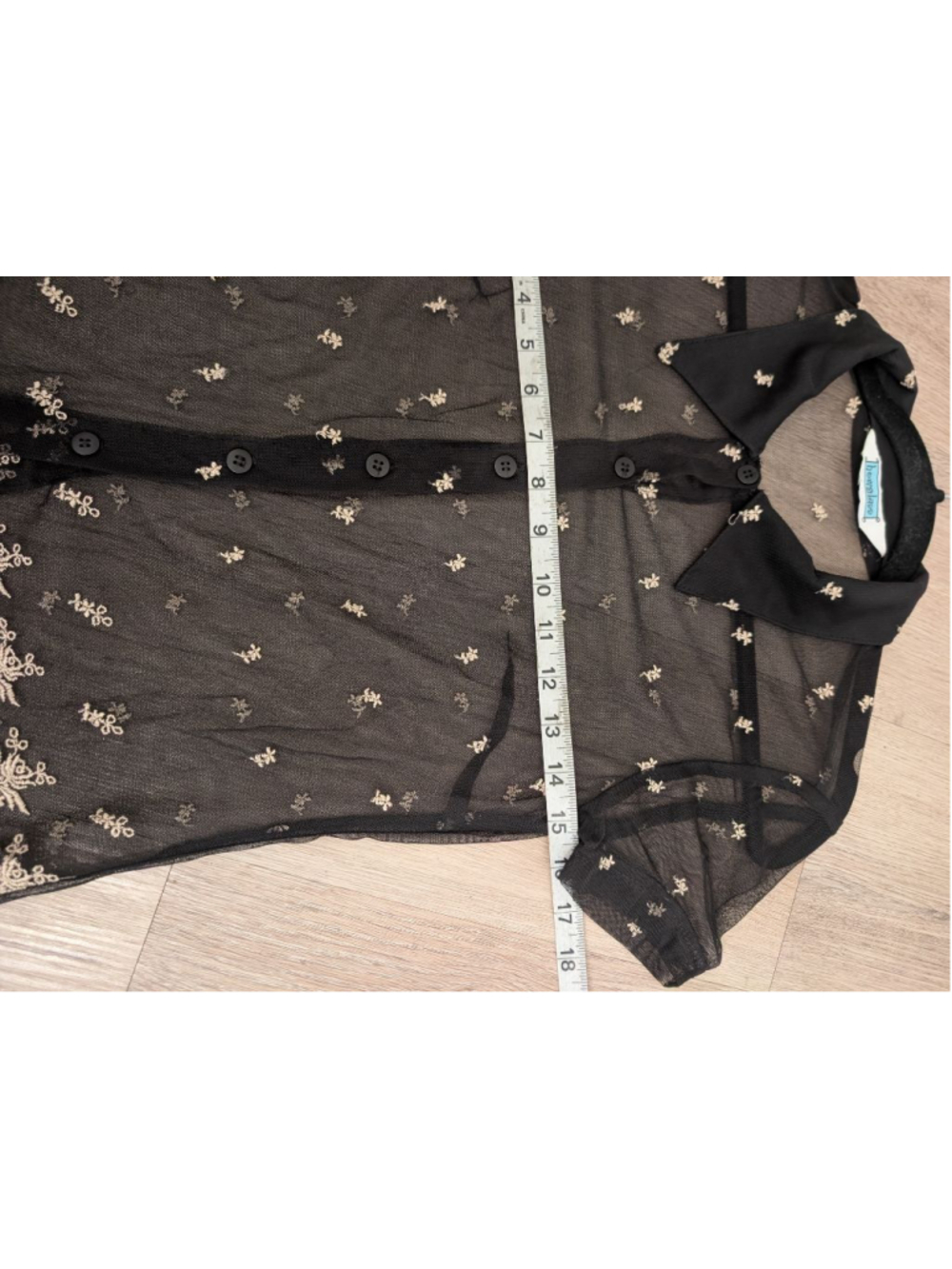Y2K Black Sheer Mesh Floral Embroidered Button Down Top Whimsigoth Dark Coquette - Picture 6 of 7